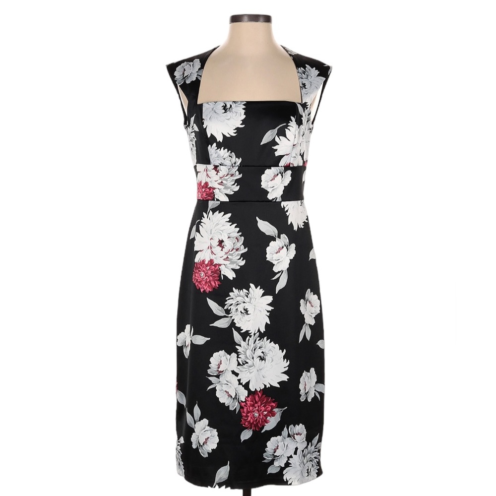 WHITE HOUSE BLACK MARKET Floral Satin Square Neck Cocktail Dress